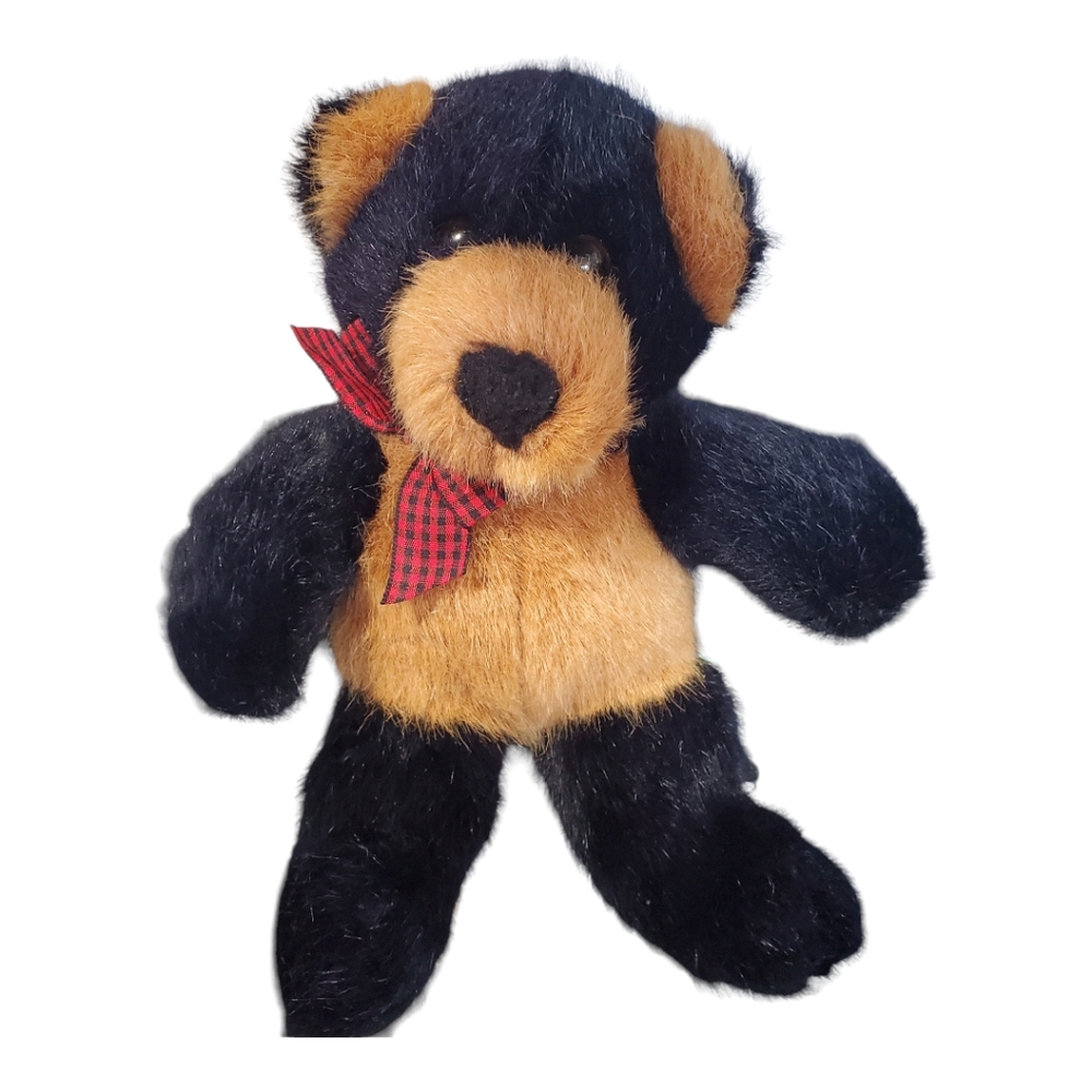 Dakin VTG 90s Teddy Bear Plush 8" Stuffed Animal Toy Black Brown Plaid Ribbon